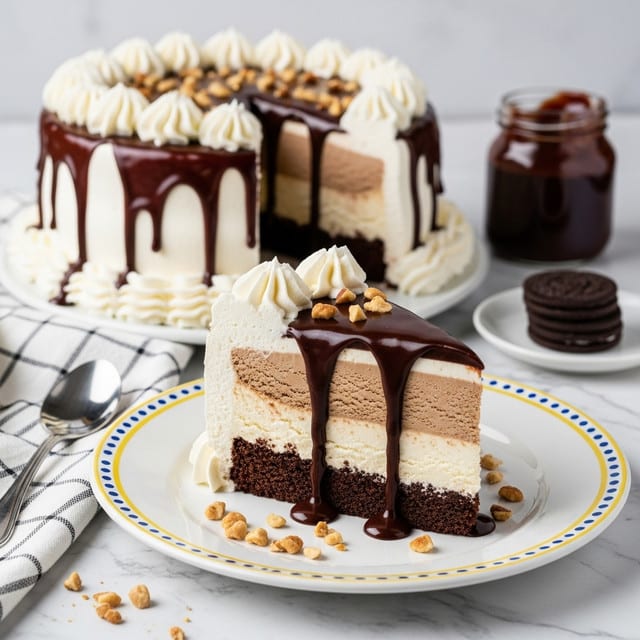 The image shows a slice of layered ice cream cake on a white plate with yellow and blue details. The cake slice has three visible layers: a dark brown crumbly base, a light cream middle layer, and a light brown top layer, all covered with thick, dark chocolate sauce dripping down the sides. On the left side of the slice is a thick white whipped cream layer. There are chopped nuts scattered around the cake on the plate. Behind the slice, there is the rest of the ice cream cake with white whipped cream piped around the sides and chopped nuts on top, along with a small jar of chocolate sauce and a small stack of chocolate cookies. The set is placed on a white marbled surface with a black and white checked cloth and spoon to the left. photo taken with an iphone --ar 4:5 --v 7
