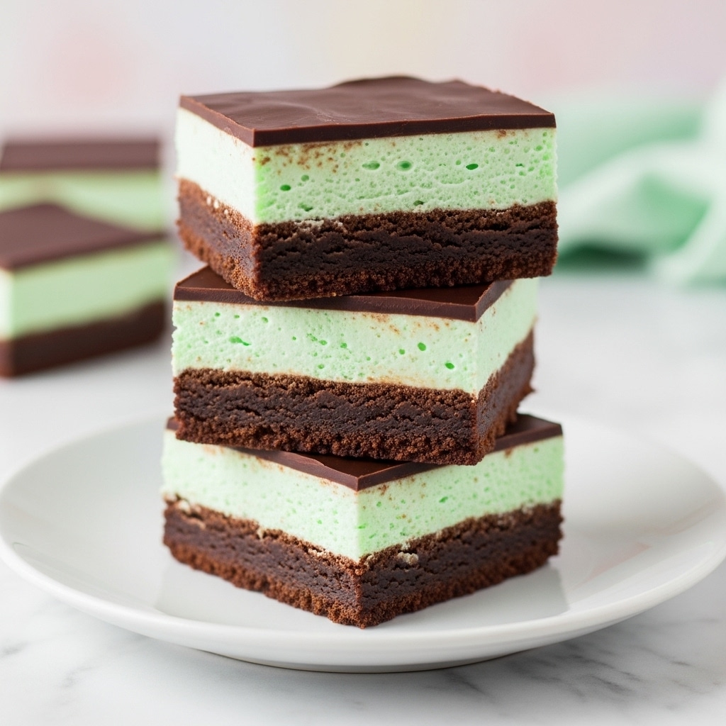 The image shows a stack of three dessert bars on a white plate set on a white marbled surface. Each bar has three distinct layers: the bottom layer is dense and dark brown, like a fudgy brownie; the middle layer is creamy and light green, smooth in texture; the top layer is a glossy, solid dark chocolate sheet that covers the bar neatly. The bars are stacked unevenly, with the top bar slightly shifted to show the layers clearly. The background is soft and blurred with pale colors, keeping the focus on the dessert. Photo taken with an iphone --ar 4:5 --v 7