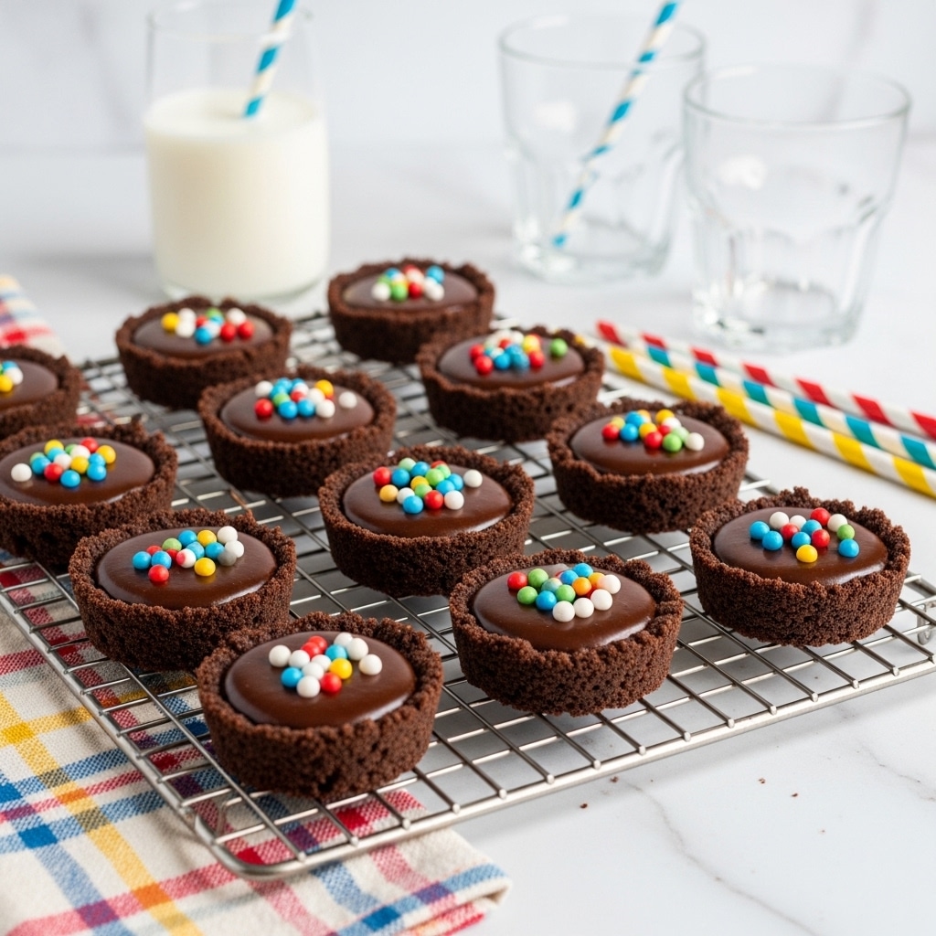 Twelve small chocolate tartlets are arranged on a metal cooling rack over a white marbled surface, each tartlet having two layers: a dark brown, crumbly chocolate crust forming the base and sides, and a glossy, smooth chocolate filling topped with colorful round sprinkles in red, blue, green, yellow, and white. In the background, there is a clear glass half filled with white milk and a blue and white striped straw inside it, as well as another empty clear glass. Several colorful striped straws lie on the white marbled surface near the rack. A cloth with a plaid pattern in red, blue, green, yellow, and white is partially underneath the cooling rack. photo taken with an iphone --ar 4:5 --v 7