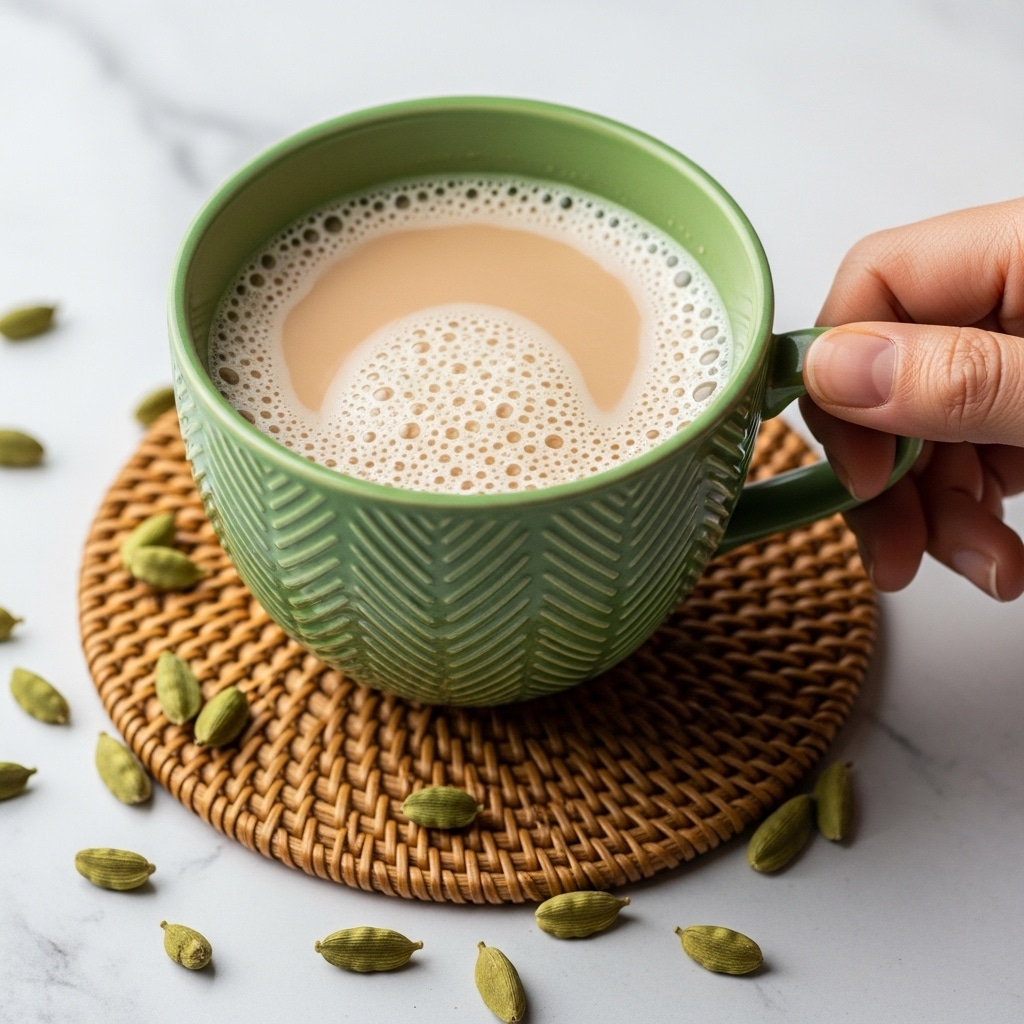 The image shows a close-up of a green cup filled with frothy, light beige chai tea. The cup has a textured chevron pattern on the outside and is held by a woman's hand on the right side. The tea surface has small and medium bubbles with a smooth creamy center. The cup sits on a round woven bamboo coaster with scattered green cardamom pods around it, all placed on a white marbled textured surface. photo taken with an iphone --ar 4:5 --v 7