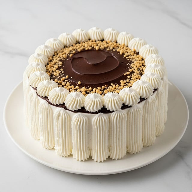 A round cake on a white plate sits on a white marbled surface. The cake has two main layers: the bottom layer is covered with thick white whipped cream applied in vertical stripes around the sides, creating a textured look; the top layer is smooth, dark chocolate frosting covering the center surface of the cake. Chopped light-colored nuts are scattered evenly on top of the chocolate frosting, adding a rough texture contrast. The edge of the chocolate layer is bordered by a ring of piped white whipped cream dollops that separate the chocolate center from the whipped cream sides. Photo taken with an iphone --ar 4:5 --v 7