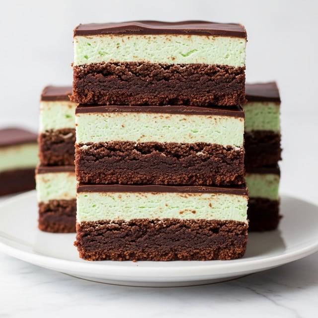 A close-up view of a stack of dessert bars with three clear layers on a white plate, set on a white marbled surface. The bottom layer is thick, dark brown, and looks like a dense brownie with a rough texture. The middle layer is a smooth, pale green cream filling. The top layer is a glossy, dark brown chocolate coating that looks firm and slightly shiny. The bars are cut into thick rectangular pieces, showing the neat separation between each layer. Photo taken with an iphone --ar 4:5 --v 7