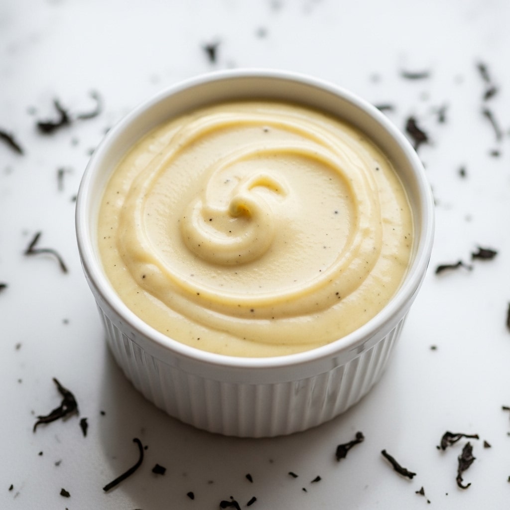 A close-up of a single layer of thick, creamy pale yellow puree with a smooth and swirled texture placed inside a white bowl with a subtle ridged pattern. The bowl sits on a white marbled surface scattered with small pieces of dark dried leaves around the bowl. Photo taken with an iphone --ar 4:5 --v 7