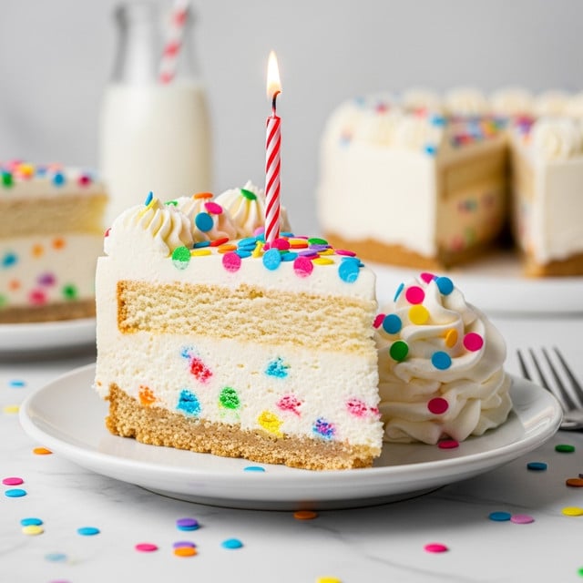 A slice of creamy birthday cake with three visible layers sits on a white plate on a white marbled surface. The bottom layer is a light-brown crumbly crust, the middle layer is thick white creamy filling with colorful confetti sprinkles mixed inside, and the top layer is a smooth white frosting sprinkled with round, bright-colored confetti dots in red, blue, green, yellow, and orange. A dollop of fluffy white whipped cream sits near the back with more confetti sprinkles on it. A lit red and white striped candle stands upright in the center of the cake slice. Loose confetti sprinkles are scattered around the plate, and a blurred bottle of milk and another piece of the same cake can be seen in the background. photo taken with an iphone --ar 4:5 --v 7