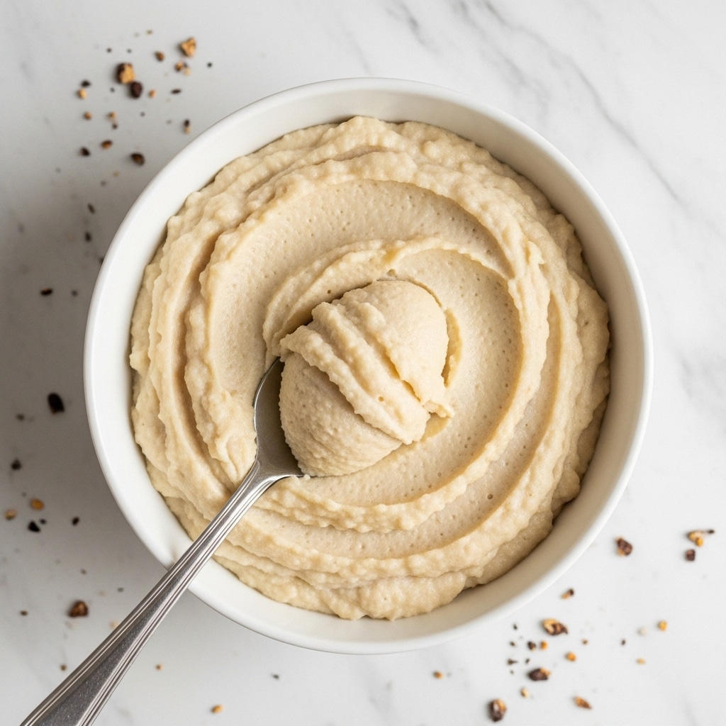 A white bowl filled with a thick, creamy light beige mash that looks smooth with some small air pockets, a silver spoon dipping into the mash in the center with a rounded scoop of the creaminess visible on the spoon, the bowl placed on a white marbled textured surface with small scattered dark flakes around it. photo taken with an iphone --ar 4:5 --v 7