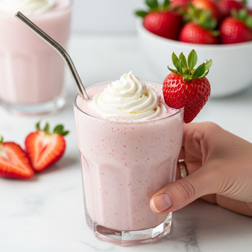 A clear glass filled with a light pink strawberry milkshake, showing a slightly frothy texture on top. The milkshake is topped with a swirl of white whipped cream, and a fresh red strawberry with green leaves is placed on the rim of the glass. A metal straw is inserted into the drink on the left side. A woman's hand is holding the glass from the right side. In the background, blurred images show another glass filled with the same pink milkshake, a white bowl full of red strawberries, and a couple of halved strawberries on a white marbled surface. photo taken with an iphone --ar 4:5 --v 7