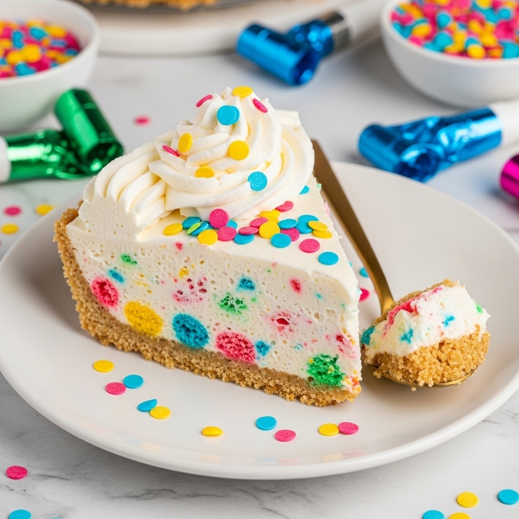 A slice of colorful birthday cake pie sits on a white plate with a crumbly golden crust as the bottom layer, topped by a thick creamy layer speckled with bright red, blue, yellow, and green sprinkles mixed inside. On top of the creamy layer is a swirl of white whipped cream decorated with round, flat rainbow confetti sprinkles. A golden spoon with a piece of the cake rests beside the slice, and more confetti sprinkles are scattered around the plate. The background shows parts of a white marbled surface, a bowl of colorful sprinkles, and shiny party blowers in blue and green. photo taken with an iphone --ar 4:5 --v 7