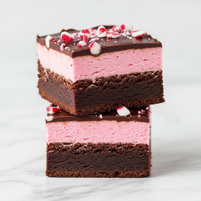 The image shows two stacked brownie squares on a white marbled texture. Each brownie has three layers: a thick, dark brown, moist chocolate base at the bottom, a middle layer of smooth, light pink frosting, and a thin, shiny dark chocolate ganache on top. Small pieces of crushed red and white candy are scattered on the top ganache layer, adding a festive touch. The edges of the brownie are clean and even, showing the distinct layers clearly. Photo taken with an iphone --ar 4:5 --v 7