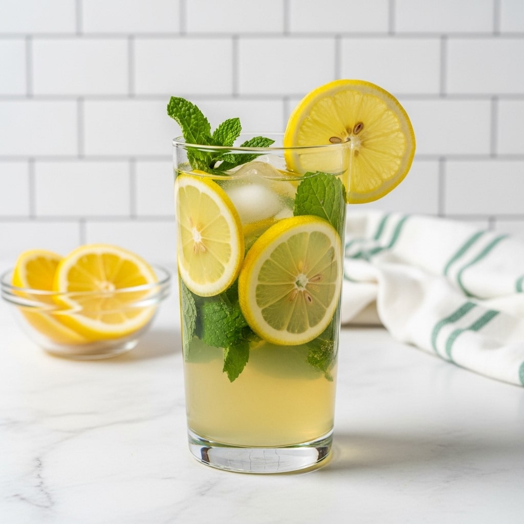 A tall clear glass filled with a light yellow-green drink sits on a white marbled surface, containing multiple thin lemon slices and green mint leaves inside, along with visible ice cubes. One lemon slice is perched on the rim of the glass. In the background, a small clear bowl holds more lemon slices, and a white cloth with green stripes rests nearby against a white tiled wall. Photo taken with an iphone --ar 4:5 --v 7