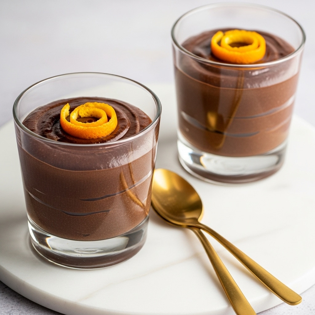 Two clear glass dessert cups each hold one thick, smooth dark brown chocolate mousse layer filling almost to the top. On the surface of each mousse, there is a bright orange peel curl placed in the center. The cups stand on a white marbled texture surface, with two gold spoons lying beside the closest cup. The background is a soft, light neutral tone with some texture. photo taken with an iphone --ar 4:5 --v 7