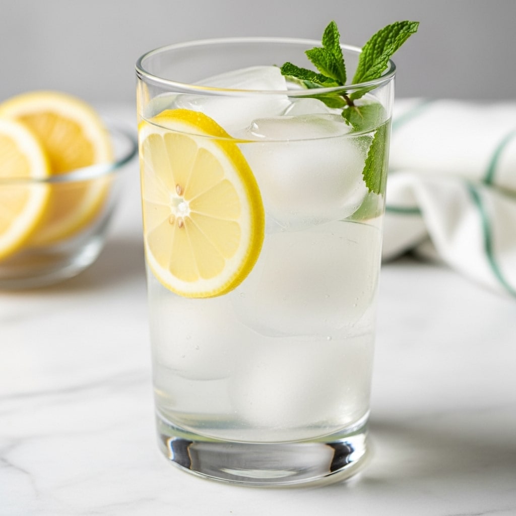A clear tall glass filled with several large ice cubes, layered with transparent water, a thin bright yellow lemon slice placed inside near the left edge, and a fresh green mint leaf floating near the top right. The glass sits on a white marbled surface, with a blurred glass bowl of lemon slices and a white cloth with green stripes in the background. The lighting is soft and natural, highlighting the cool, refreshing look of the drink. Photo taken with an iphone --ar 4:5 --v 7