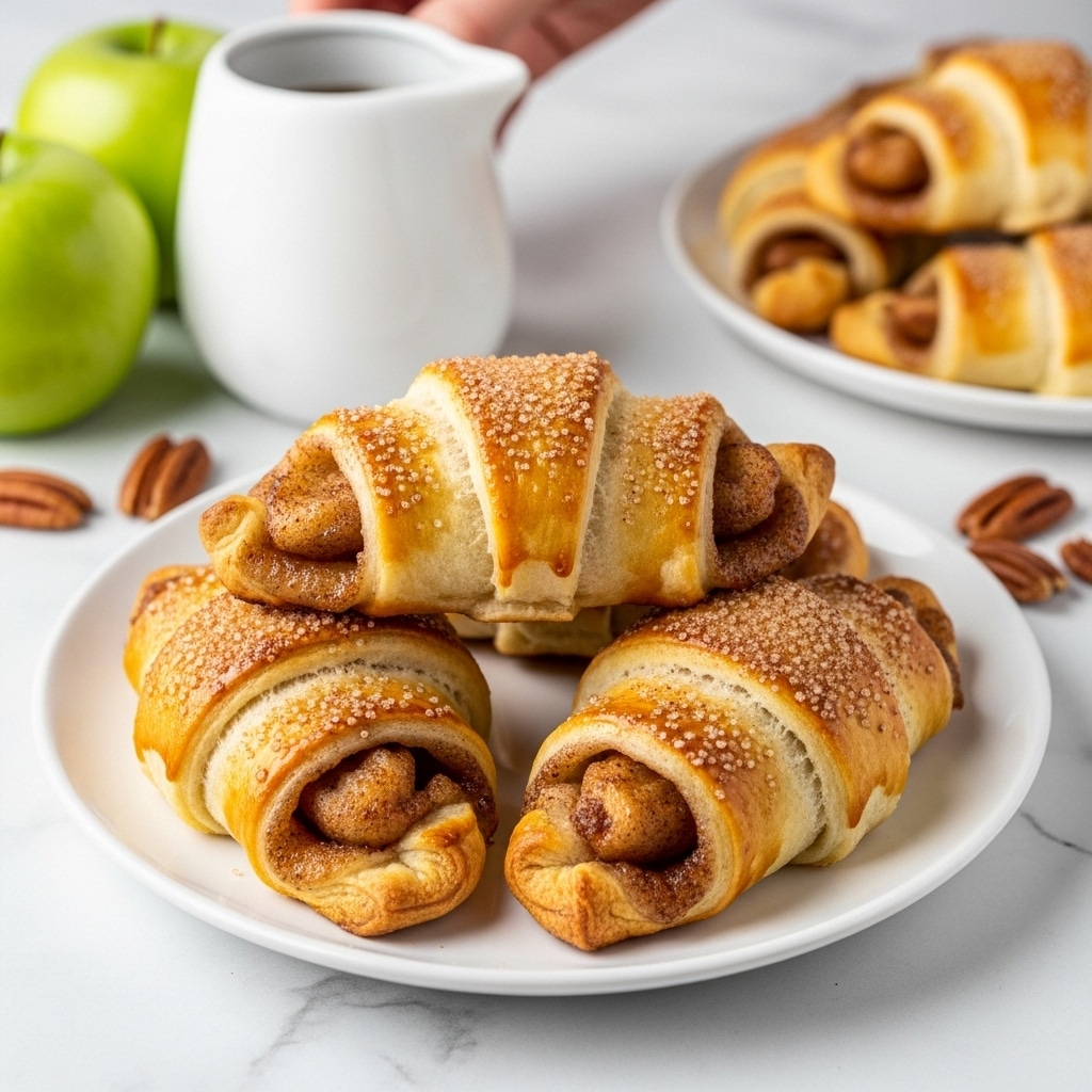 Three golden brown, crescent-shaped pastries sit on a white plate, each with a visible swirl pattern showing soft, baked dough layers and a slightly darker cinnamon filling inside. The pastries have a glossy, slightly flaky surface with hints of sugar and cinnamon sprinkled across the top. In the background, a white jug filled with syrup is partially visible, and two green apples and another white plate with more pastries can be seen on a white marbled surface. Scattered pecans add texture to the scene. A woman’s hand is not shown but implied to place the setting. photo taken with an iphone --ar 4:5 --v 7