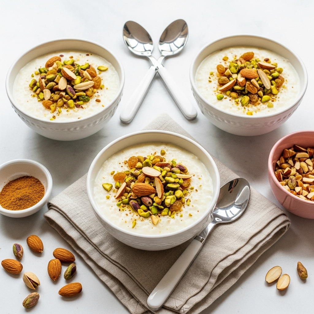 Three white bowls are filled with creamy white rice pudding that has a soft, slightly lumpy texture. Each bowl is topped with a scattering of chopped green pistachios and pale beige sliced almonds, along with small pieces of yellow dried fruit mixed in. The bowls are placed on a white marbled surface, one resting on a beige cloth napkin with a silver spoon beside it, while the others sit directly on the surface. Nearby, a small white bowl contains more chopped nuts, and another small white bowl holds a light brown powder with a small amount spilled on the surface. Whole almonds and pistachios are scattered around the scene. Photo taken with an iphone --ar 4:5 --v 7