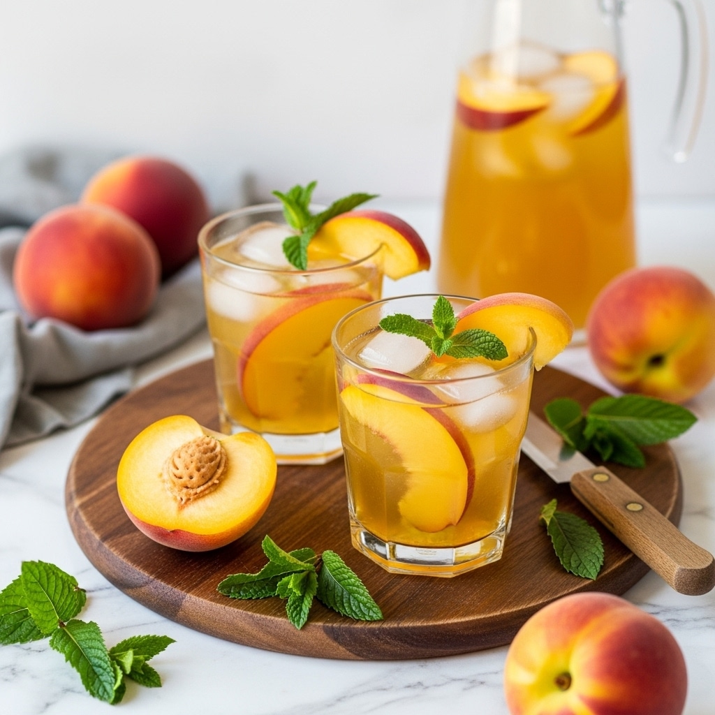 Two clear glasses filled with a light golden drink and ice cubes sit on a wooden cutting board. Each glass has a thin slice of peach and a bright green mint leaf floating on top. On the cutting board, there is one whole peach with a pink and cream skin and another peach cut in half showing its soft yellow center and pit. A small white-handled knife lies next to the halved peach. Fresh mint leaves are scattered around the board and on the white marbled surface below. Photo taken with an iphone --ar 4:5 --v 7