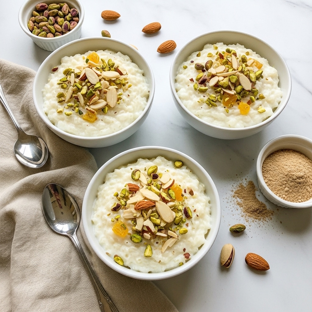 Three white bowls filled with creamy rice pudding are shown, each topped with a mix of chopped green pistachios, sliced light beige almonds, and golden raisins. The pudding is thick and white, with a slightly textured surface. The bowls are placed on a white marbled surface, with one bowl resting on a folded light beige cloth napkin beside a white-handled spoon. Around the bowls, there are scattered whole almonds and pistachios, as well as a small white bowl of ground spice powder and a pink bowl filled with more chopped nuts. Two silver spoons with white handles lie crossed in the background. The scene is bright and clean. photo taken with an iphone --ar 4:5 --v 7