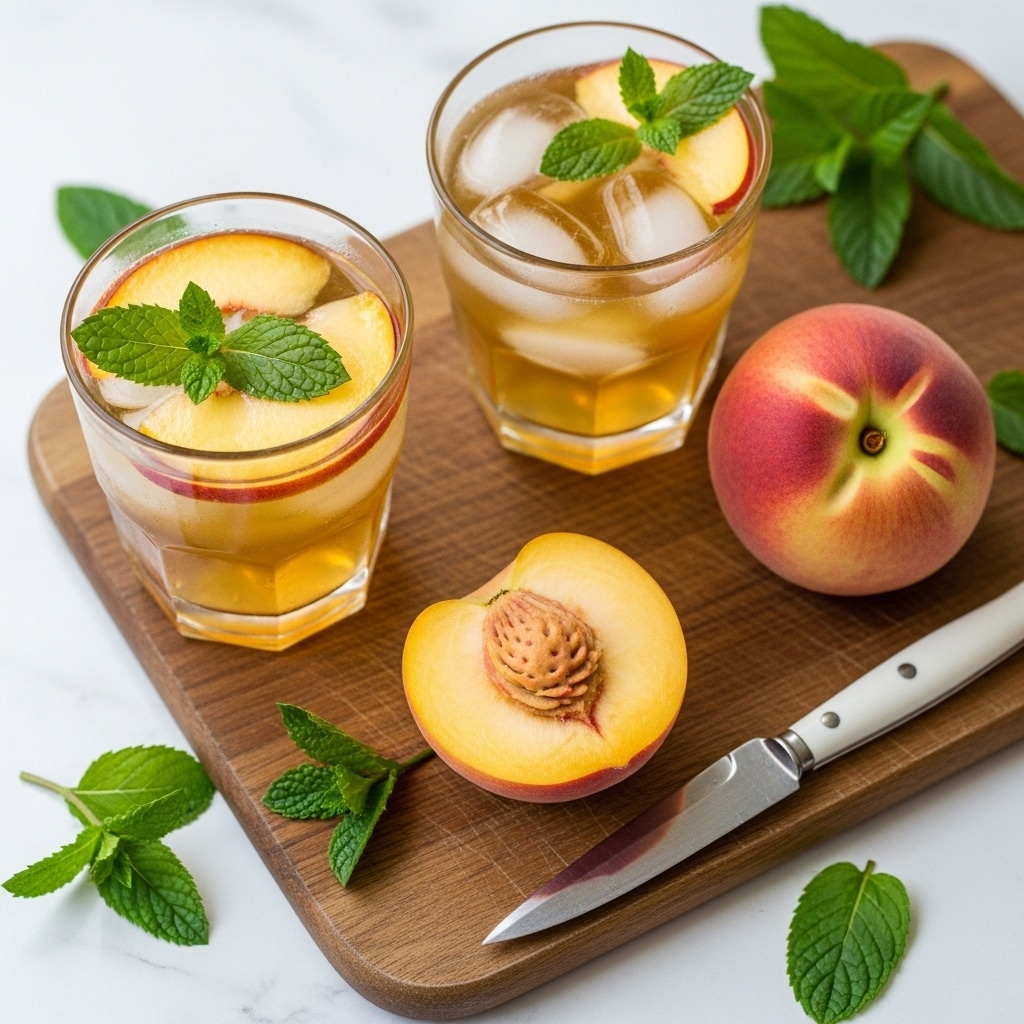 Two clear glasses filled with a golden peach drink sit on a round wooden board. Each glass has ice cubes, a slice of peach, and a green mint leaf floating on top. Around the glasses are whole peaches, one peach cut in half showing its light yellow inside, and fresh mint leaves scattered on the board and nearby white marbled surface. A small knife with a wooden handle lies on the board next to the halved peach. In the background, there is a tall clear pitcher filled with the same peach drink. photo taken with an iphone --ar 4:5 --v 7