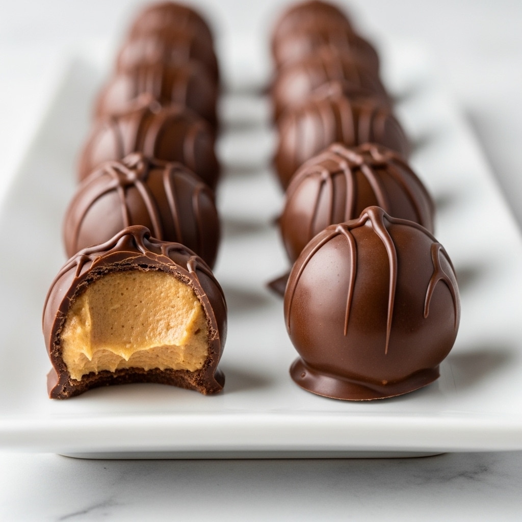 The image shows two neat rows of round chocolate balls, each with a smooth, shiny dark brown chocolate coating. One chocolate ball in the front left is bitten, revealing a creamy light brown peanut butter filling inside. The chocolate has a slight shine and texture on its surface with small peaks on top. They rest on a white rectangular plate placed on a white marbled texture. The focus is sharp on the front chocolates, softly blurring those further back. photo taken with an iphone --ar 4:5 --v 7