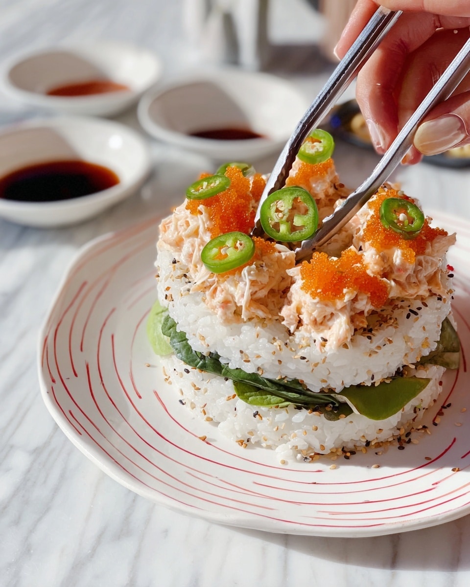 A white circular sushi stack with three visible layers is placed on a white plate with red stripes; the bottom layer is white sushi rice sprinkled lightly with sesame seeds and spices, the middle layer contains green leafy vegetables mixed with shredded crab meat that adds a textured, creamy look, and the top layer is another layer of white sushi rice topped with small dollops of bright orange spicy salmon mix. A pair of metal tweezers held by a woman's hand is placing a green sliced jalapeño on one of the salmon dollops. In the background, small bowls with dark soy sauce are visible on a white marbled surface. photo taken with an iphone --ar 4:5 --v 7
