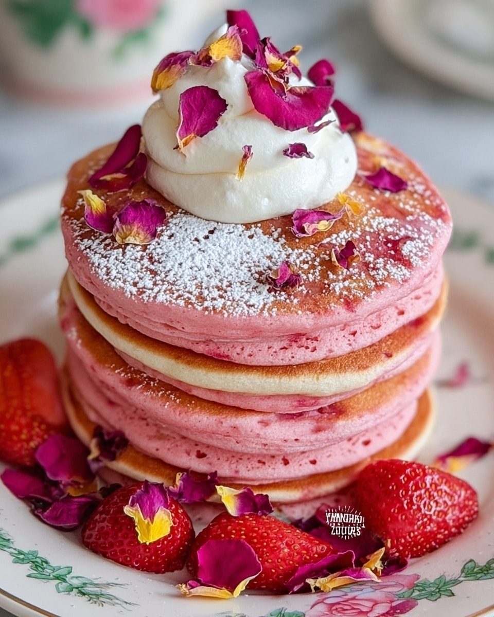 A stack of four thick pink pancakes with golden brown edges sits on a white plate with floral patterns, topped with a dollop of white whipped cream and scattered deep pink and yellow rose petals. The pancakes have a fluffy, porous texture, and powdered sugar is lightly dusted on the top pancake. Around the base of the stack, there are fresh halved strawberries and more rose petals on a white marbled surface. photo taken with an iphone --ar 4:5 --v 7