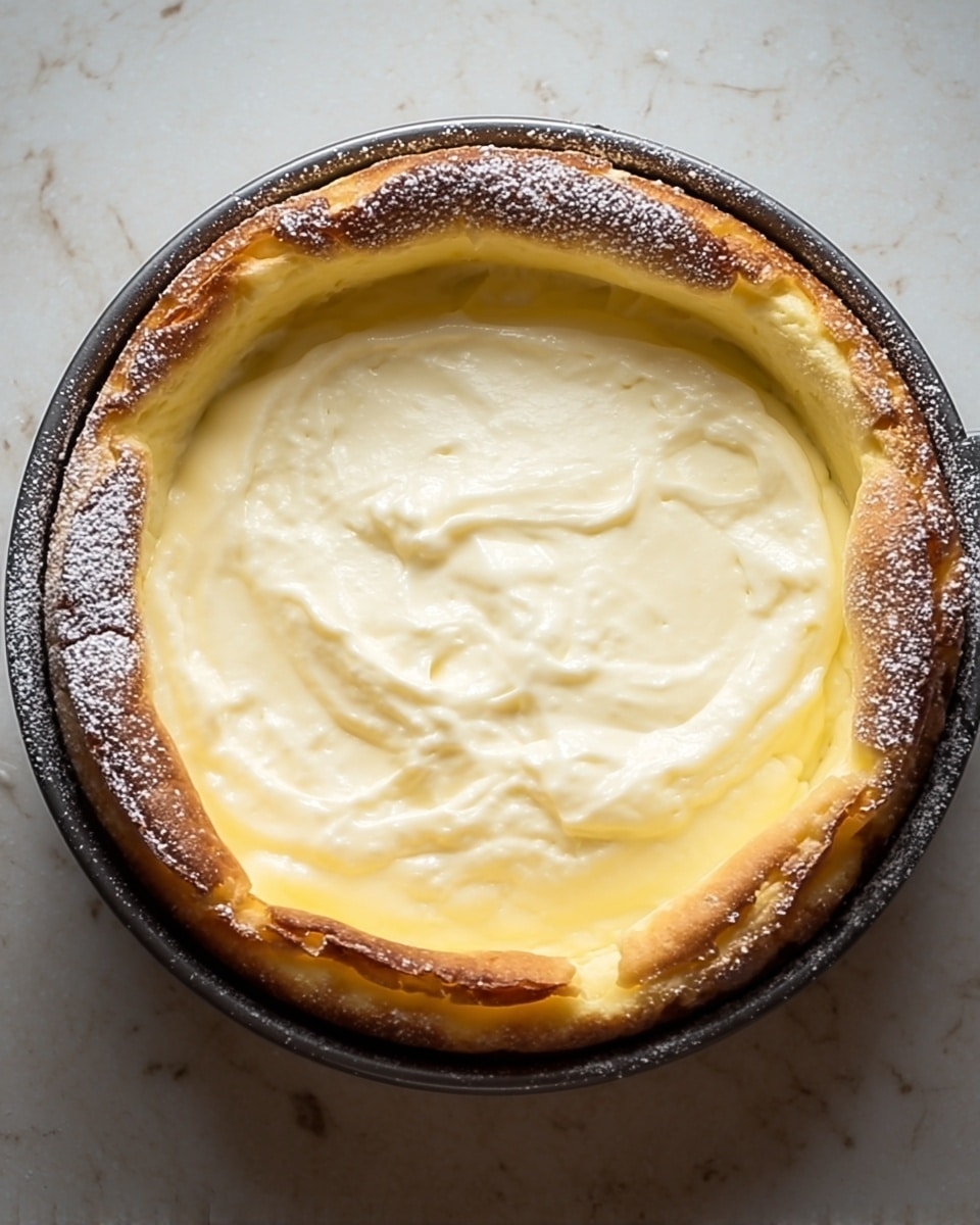 A thick, round cheesecake with a golden brown crust forming the outer layer, slightly raised and uneven at the edges. The inner part is filled with a creamy, smooth layer of off-white custard cream that looks soft and glossy, with slight peaks and waves on the surface. The cheesecake sits inside a dark metal baking pan lightly dusted with white powdered sugar around the edges. The whole scene is set on a white marbled surface. photo taken with an iphone --ar 4:5 --v 7