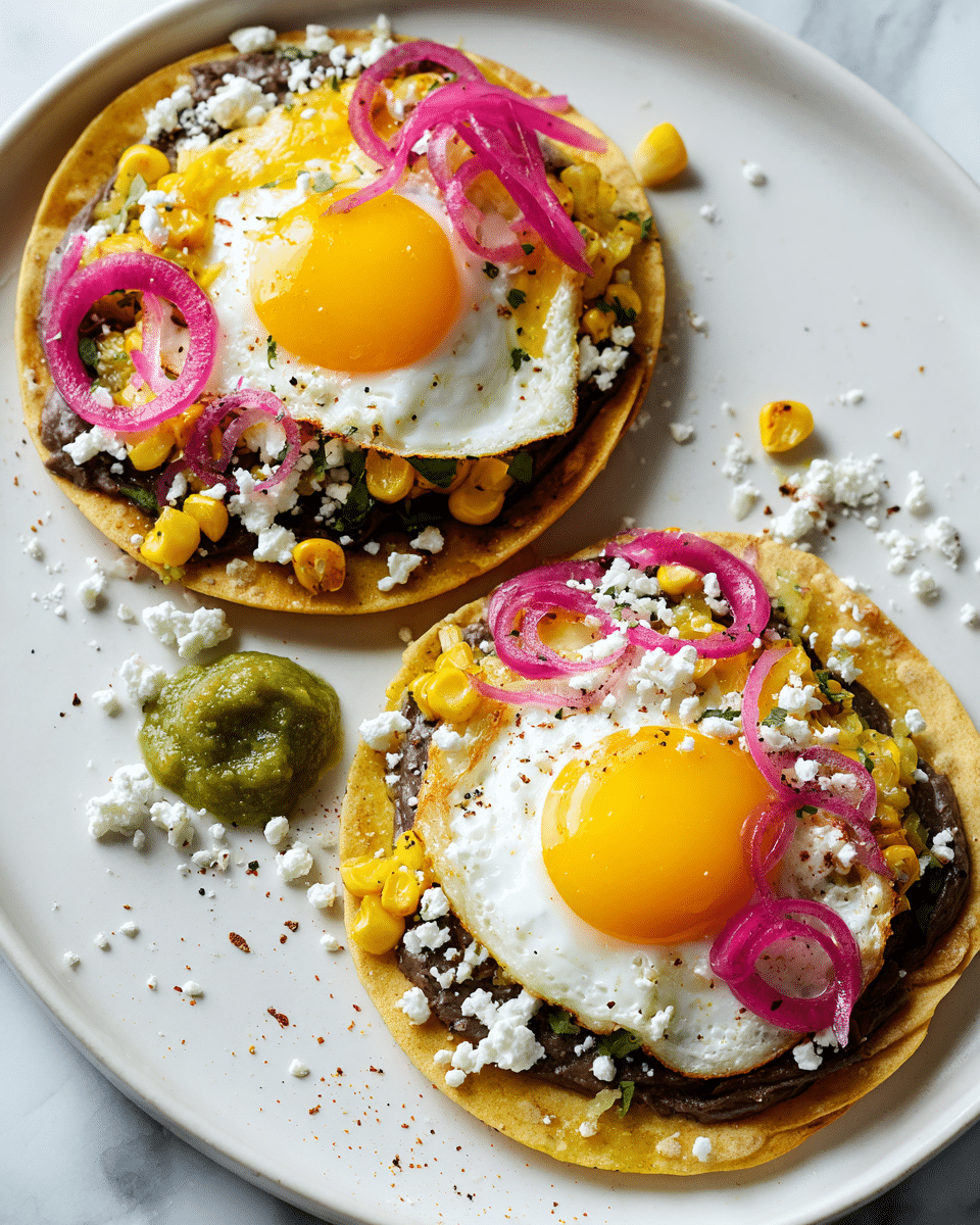 Two tostadas sit on a white plate with a white marbled surface background, each topped with several colorful layers. The base layer is a light golden crisp tortilla, followed by a spread of dark brown refried beans. On top, a fried egg with a bright yellow runny yolk and white edges sits in the center, surrounded by roasted yellow corn kernels scattered generously. Thin, curly slices of pink pickled onions add texture around the egg. A dollop of thick, green salsa verde is placed on the edge of one tostada, and white crumbly cheese is sprinkled over the top. A few loose corn kernels and crumbs are scattered around the plate edges. Photo taken with an iphone --ar 4:5 --v 7