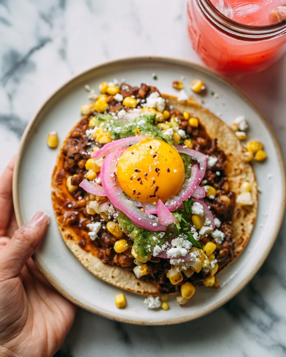 A open taco with multiple visible layers held by a woman's hand, placed on a white round plate on a white marbled surface. The bottom layer is a soft, light brown tortilla. On top of the tortilla, there is a dark brown refried bean spread, which is topped with roasted yellow corn kernels scattered across the taco. Thin, light pink slices of pickled onions are layered on top. In the center, a bright yellow raw egg yolk sits prominently. Spread over the yolk and onions is a vibrant green chunky salsa. A few white crumbles of cheese are sprinkled over the top, and scattered bits of corn and other small food pieces are seen on the plate near the taco. In the background, a blurred pink-red drink inside a clear glass jar with a metal lid is partially visible. Photo taken with an iphone --ar 4:5 --v 7