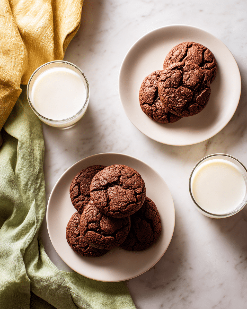 This image shows two white plates, each with three dark brown cookies that look soft and slightly cracked on the surface. One plate is near the bottom center with the cookies stacked slightly on each other, and the other plate is in the upper right corner with the cookies laying flat side by side. Around the plates are two clear glasses of milk placed on a warm brown wooden table. A light green cloth is folded near the bottom left of the lower plate, and a yellowish cloth is partially visible near the top left of the upper plate. The whole scene is on a white marbled surface. photo taken with an iphone --ar 4:5 --v 7