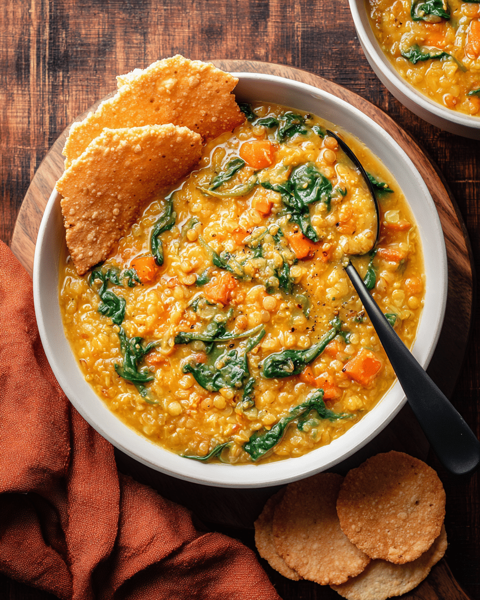 A white bowl filled with a thick, orange-yellow soup that has visible pieces of green spinach leaves, small orange carrot cubes, and lentils, giving the dish a chunky texture. On one side of the bowl, a large crispy pale golden cracker rests partly inside the soup. A black spoon stands inside the bowl, resting against the side. The bowl sits on a dark wooden surface with a rust-colored cloth napkin beside it. Additional crispy crackers are placed on the wood near the bowl, and part of another similar bowl is just visible at the top right. photo taken with an iphone --ar 4:5 --v 7