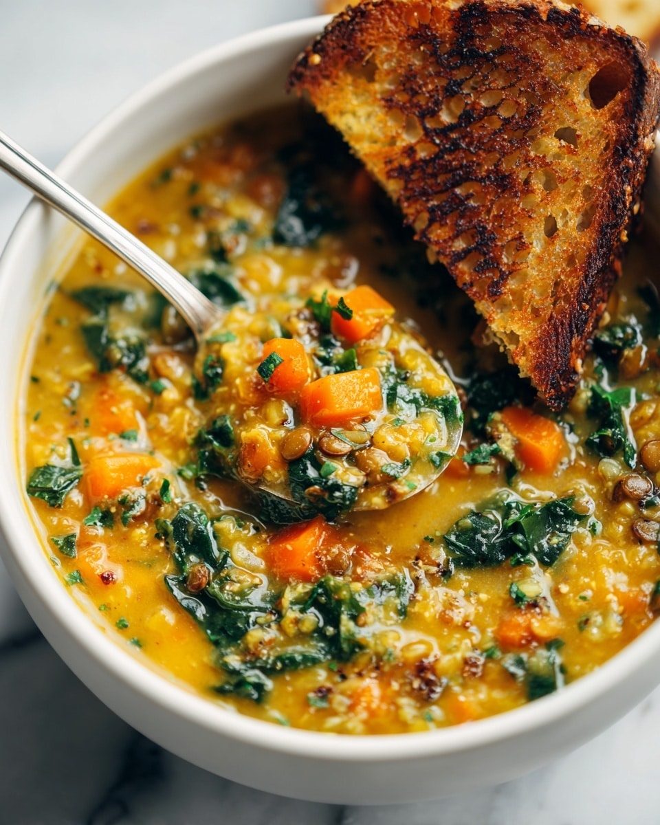 A white bowl filled with a thick golden soup that has visible pieces of orange carrot, dark green leafy vegetables, and small bits of cooked lentils. The soup has a creamy texture and covers the bottom and sides of the bowl. On the right edge of the bowl, there is a large piece of golden-brown crispy bread partly dipped in the soup. A spoon is resting inside the bowl, scooping a portion of the soup with some vegetables and lentils, with the spoon handle pointing out of the bowl. The background shows a white marbled surface. photo taken with an iphone --ar 4:5 --v 7