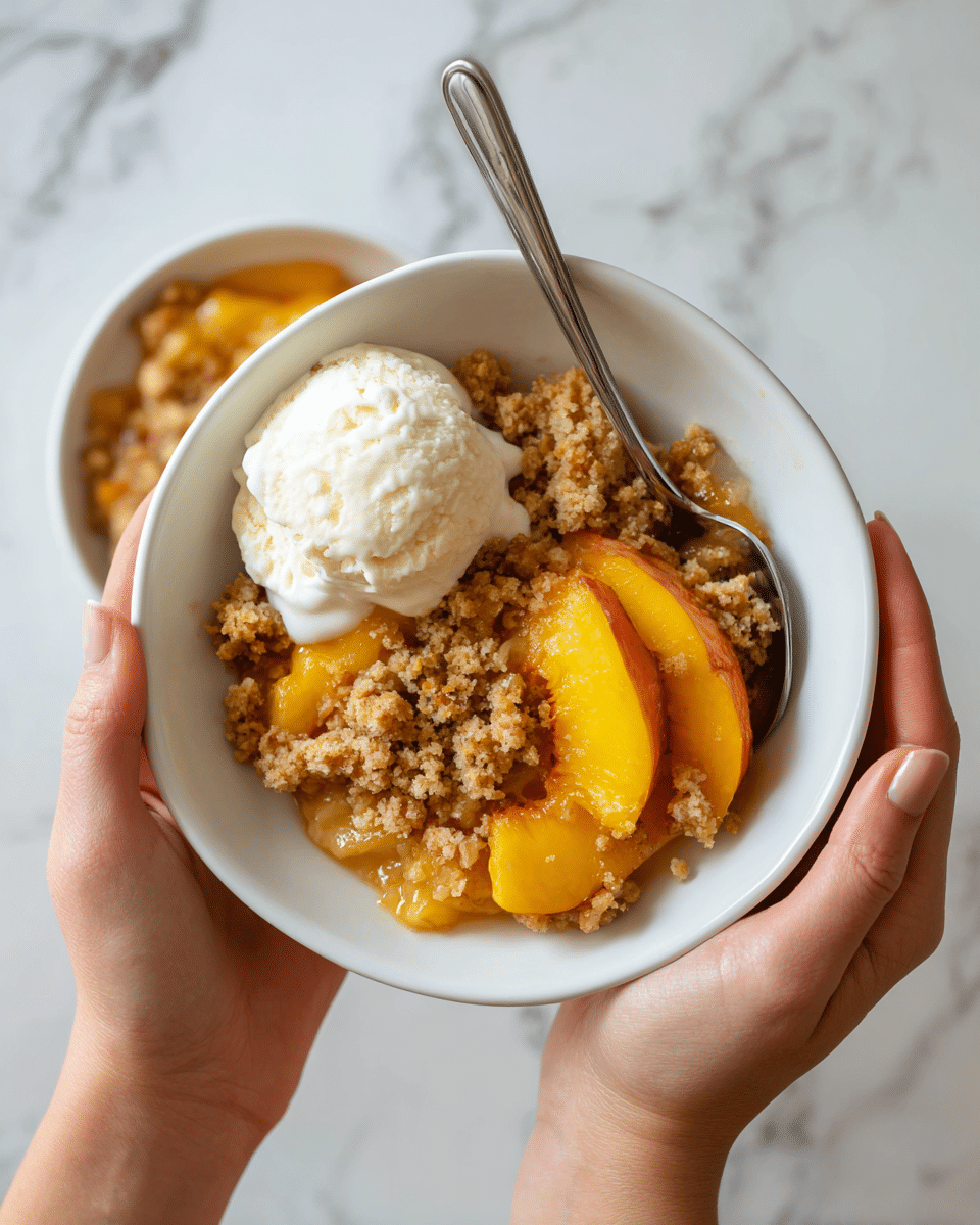 A white ceramic bowl held by a woman's hands contains a dessert with three main parts: a scoop of creamy white ice cream on the left side, a warm peach peach cobbler with golden brown crumbly crust pieces in the center and right side, and steamed peach slices with a shiny golden orange color layered underneath and partially visible. A silver spoon is placed inside the bowl on the right side, resting on the peaches and crust. The bowl is set against a white marbled texture background, showing a second white bowl with the same dessert slightly out of focus in the bottom right corner. photo taken with an iphone --ar 4:5 --v 7