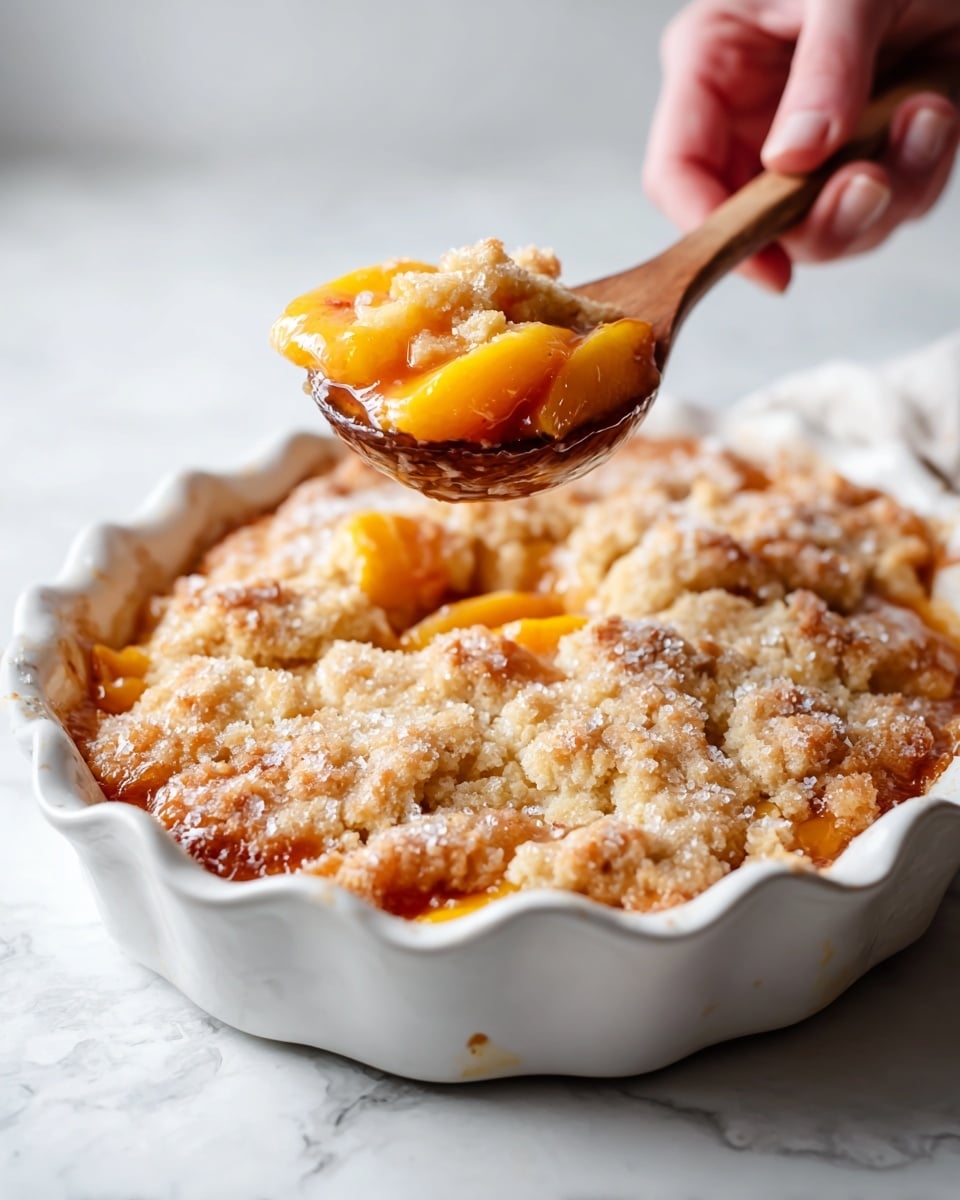 The image shows a white baking dish filled with a peach cobbler. The top layer is golden brown, crumbly, and slightly shiny with sugar crystals. Beneath this crust, bright orange peach slices are visible, covered with a thick, juicy syrup. A wooden spoon is scooping up a portion, gently lifting the crumbly crust and juicy peach filling. A woman's hand holds the spoon from the bottom left corner. The dish rests on a white marbled surface with soft natural light highlighting the textures of the crust and fruit. Photo taken with an iphone --ar 4:5 --v 7