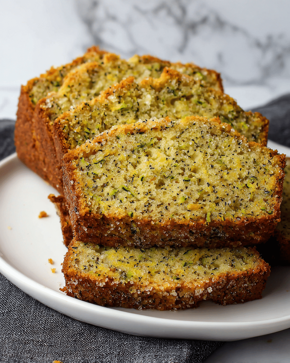 The image shows several slices of a dense loaf cake stacked closely together on a white plate. The cake has a golden-brown crust with coarse sugar crystals sprinkled on top, making it look slightly crunchy. Inside, the cake has a moist, speckled texture with small green and darker bits spread evenly throughout, indicating ingredients like shredded zucchini and poppy seeds. The plate sits on a dark cloth against a white marbled surface, creating a simple yet cozy presentation. photo taken with an iphone --ar 4:5 --v 7