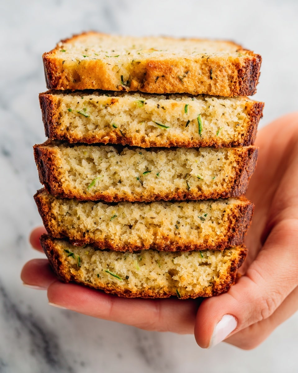 A close-up image of a woman's hands holding five stacked slices of moist, golden brown bread with a slightly darker crust on the edges. Each slice shows a dense texture with small specks of green, suggesting the bread contains herbs or vegetables. The bread has a soft crumb with a slightly rough surface, and the crust looks a little crisp. The background is a white marbled texture. photo taken with an iphone --ar 4:5 --v 7
