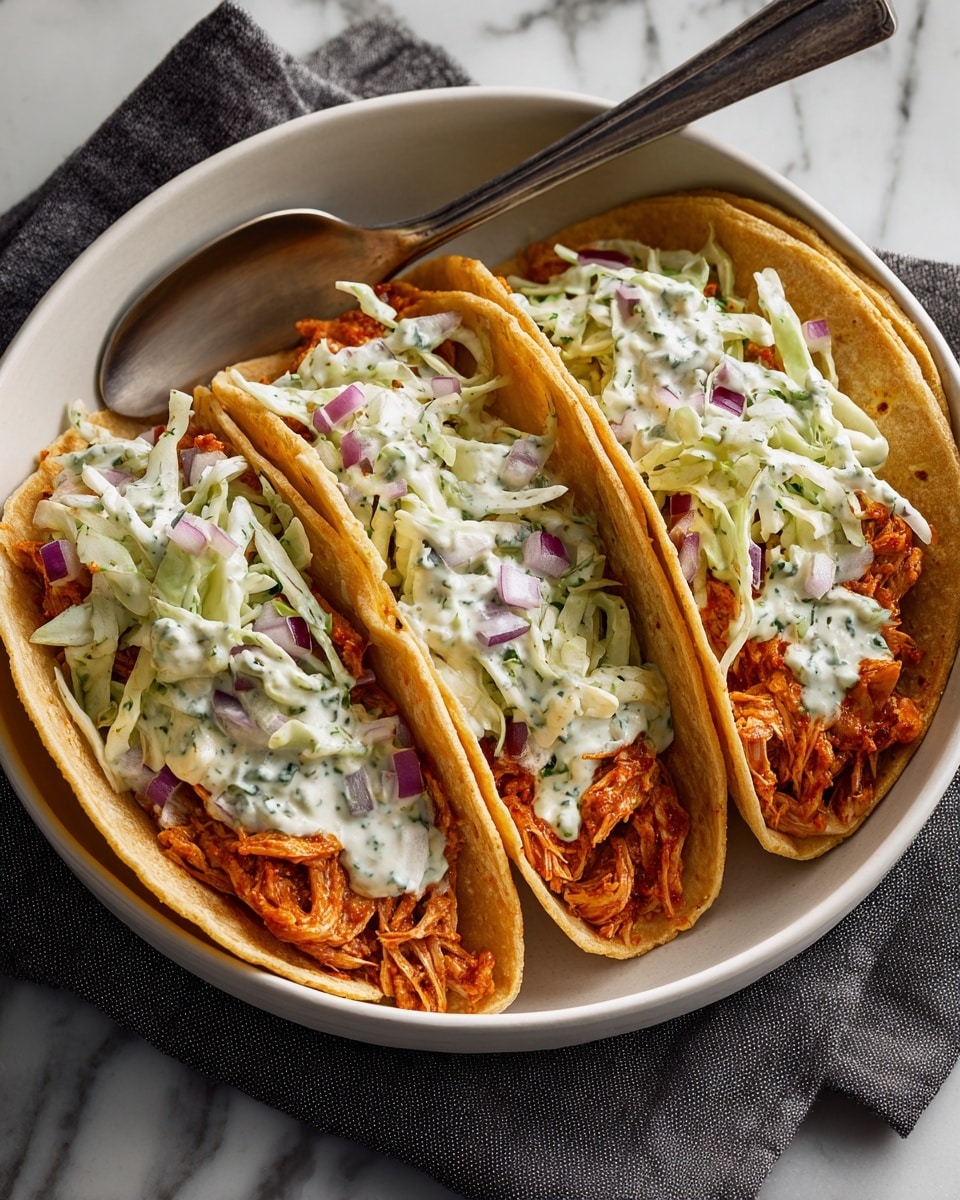 The image shows a close-up of three tacos placed side by side inside a round white bowl. Each taco has a soft, light brown tortilla shell holding a filling of shredded, slightly charred orange-brown meat at the bottom layer. On top of the meat, there is a creamy white sauce with green herbs visibly mixed in, creating a speckled effect. The top layer of the filling consists of finely shredded pale green cabbage mixed with small bits of red onion, adding texture and color contrast. The bowl sits on a dark grey cloth on a white marbled surface, and a silver spoon rests nearby. Photo taken with an iphone --ar 4:5 --v 7