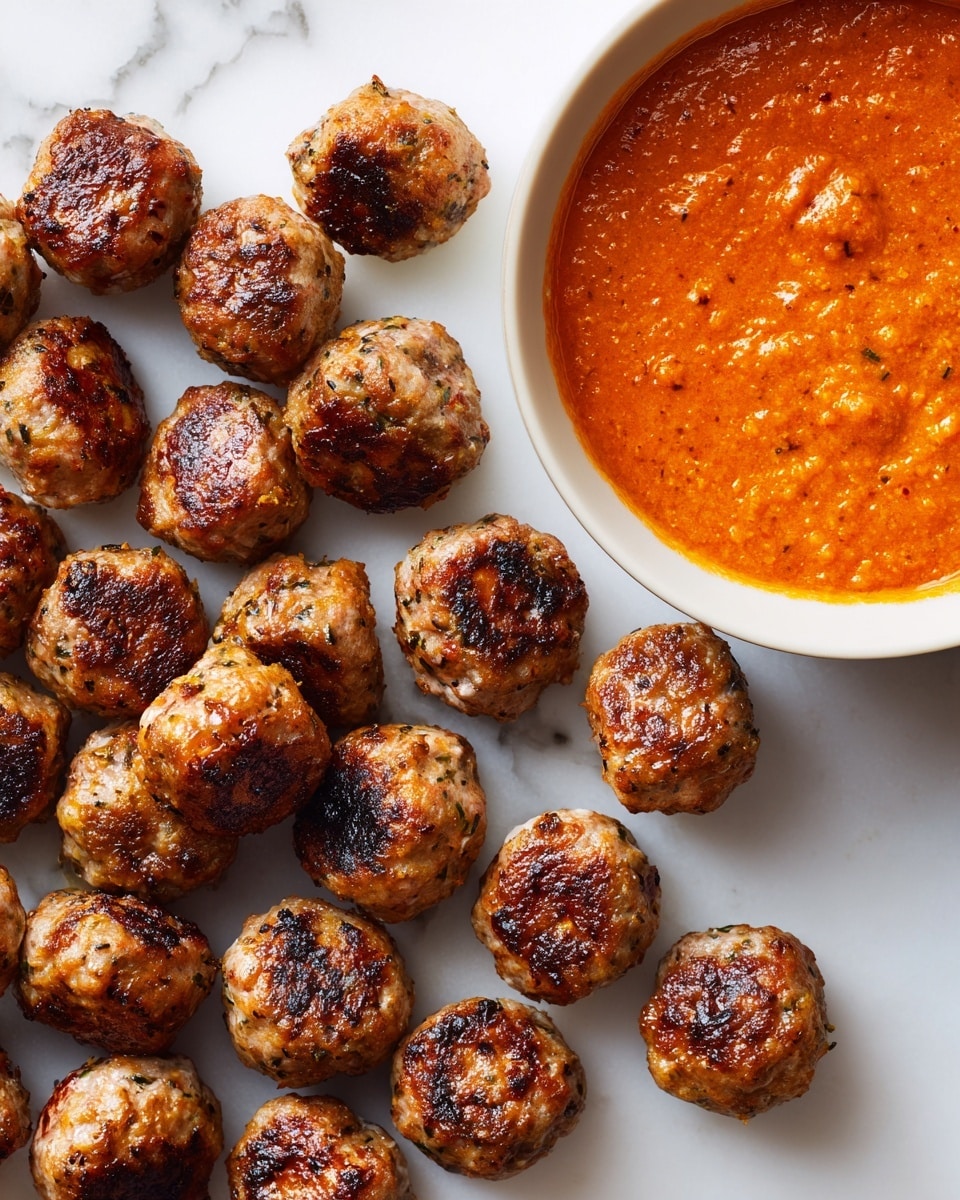 The image shows many small, round meatballs with a golden-brown color and slightly crispy texture on a white marbled surface. The meatballs have uneven, browned spots on their tops and sides, giving a cooked and juicy look. To the top right, there is a white bowl filled with a thick, orange-red sauce with a smooth but slightly chunky texture. The meatballs are scattered loosely around the bowl, taking up most of the space in the image. Photo taken with an iphone --ar 4:5 --v 7