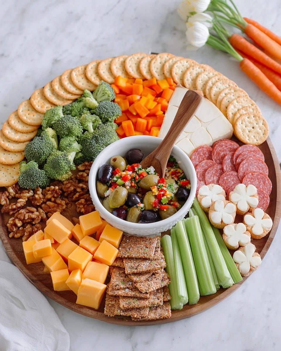A round wooden board is arranged with a colorful snack spread, centered by a white bowl filled with a mixed dip of small chopped olives, red peppers, and other ingredients, with a wooden spoon inside. Around the bowl, there are layers of round light brown crackers on the left and bottom, next to bright orange cheddar cheese cubes arranged in a block. Near the crackers and cheese are clusters of walnut pieces, green broccoli florets, and orange carrot cubes. On the right side, there are slices of red salami layered behind several square-shaped whole grain crackers, accompanied by flower-shaped white cheese pieces. Below these, light green celery sticks are neatly placed in a row. The whole board is set on a white marbled surface with two whole carrots and a flower nearby. photo taken with an iphone --ar 4:5 --v 7