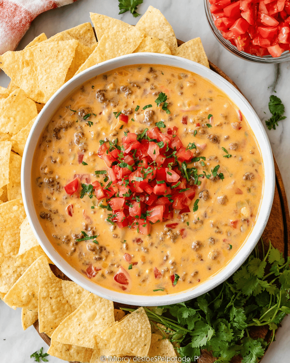 A white bowl filled with creamy, light orange dip mixed with small bits of ground meat and tomatoes, topped with chopped fresh red tomatoes and green cilantro leaves scattered on top. Around the bowl, there are white corn tortilla chips and a small clear glass bowl filled with red chopped tomatoes and green cilantro. The setting is on a white marbled texture with some loose cilantro leaves placed for garnish. photo taken with an iphone --ar 4:5 --v 7