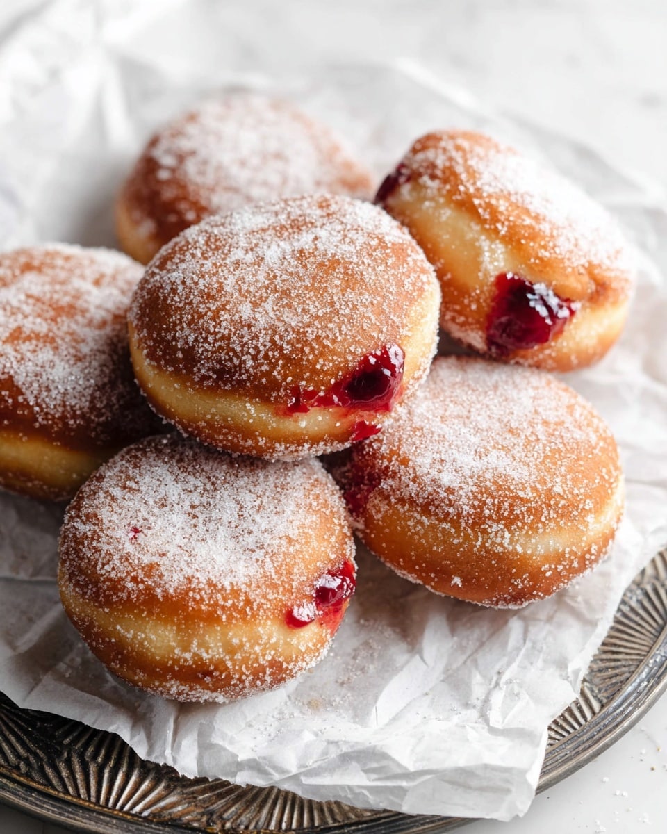 A close-up of seven round, golden brown doughnuts covered with a thick layer of white sugar crystals. Each doughnut shows a small burst of deep red jam peeking out from the side, with smooth, glossy texture. They are all stacked closely together on white parchment paper, which slightly crinkles underneath, placed on a dark, carved metal tray. The background is a clean white marbled texture, adding a soft contrast to the warm colors of the doughnuts. photo taken with an iphone --ar 4:5 --v 7