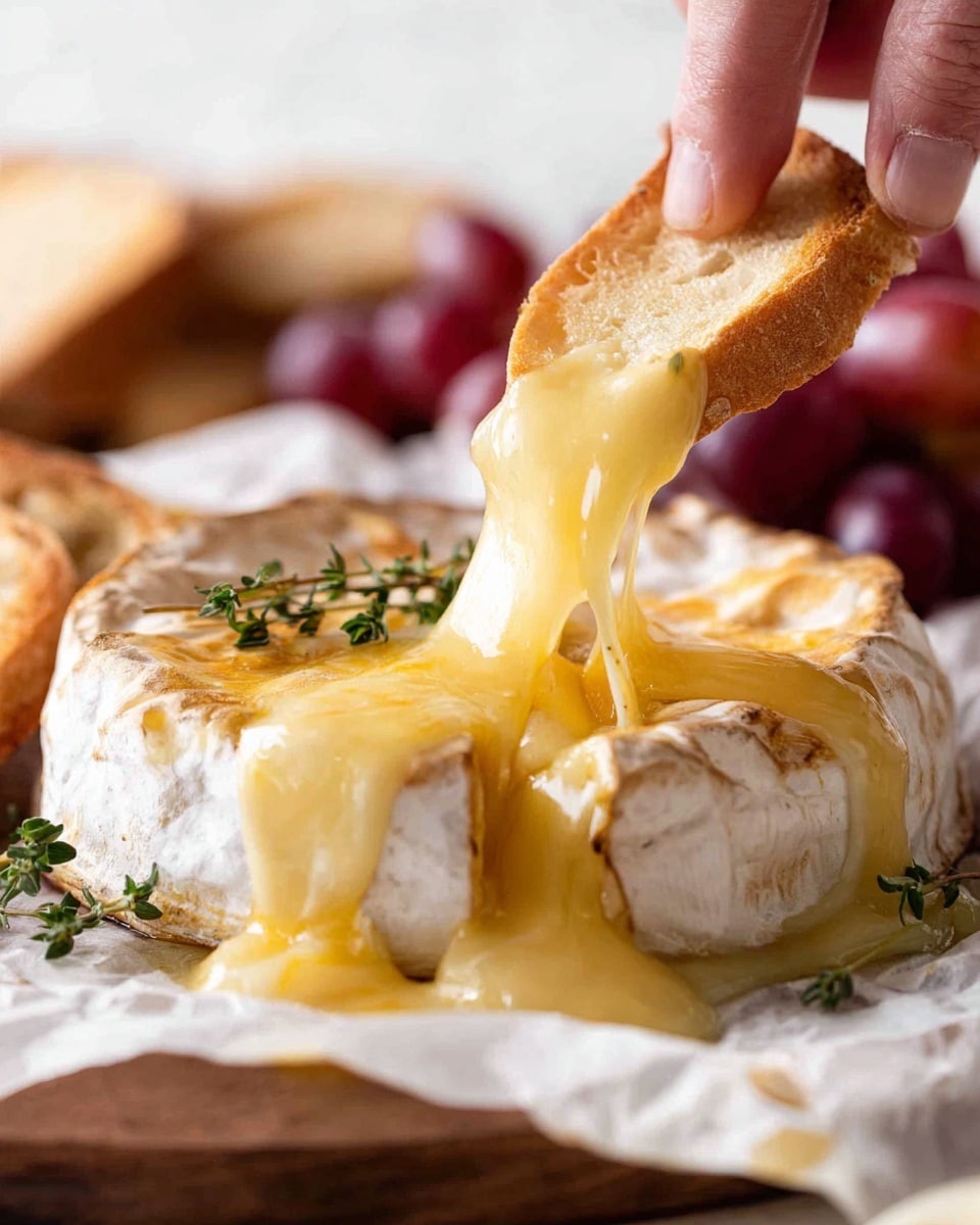 A round wheel of baked Camembert cheese with a white rind sits on crumpled white parchment paper, glowing with a thick, gooey golden melted cheese oozing out from a cut in the middle; a woman's hand is lifting a thin, toasted brown bread slice that is covered with a stretchy layer of this melted cheese, showing its smooth, shiny texture; a small sprig of green thyme rests on top of the cheese wheel, and blurred red grapes appear in the soft, white marbled background. Photo taken with an iphone --ar 4:5 --v 7