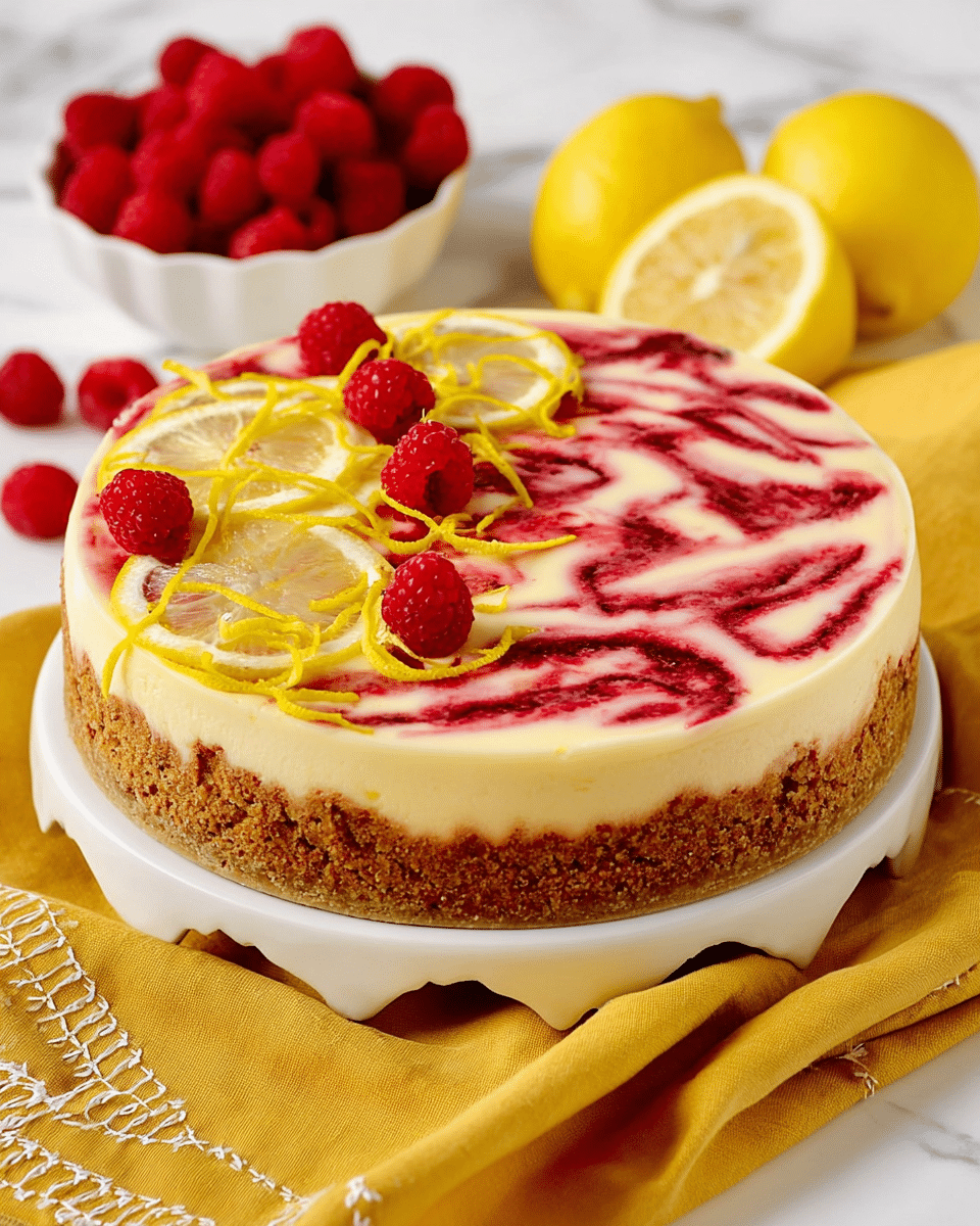 A slice of layered cheesecake sits on a white plate with a textured edge. The bottom layer is a thick, crumbly brown crust. Above the crust, there is a thick creamy off-white cheesecake layer. In the middle, a thin pinkish-red swirl runs through the cheesecake, followed by another thick off-white cheesecake layer. The top layer features a vibrant red and white swirled topping with a smooth texture. On top, three bright red raspberries and a small twisted strip of yellow lemon peel decorate the slice. Two lemon wedges and another raspberry rest beside the slice on the plate. The background shows a white marbled surface with soft focus elements including lemons and a larger cheesecake. photo taken with an iphone --ar 4:5 --v 7