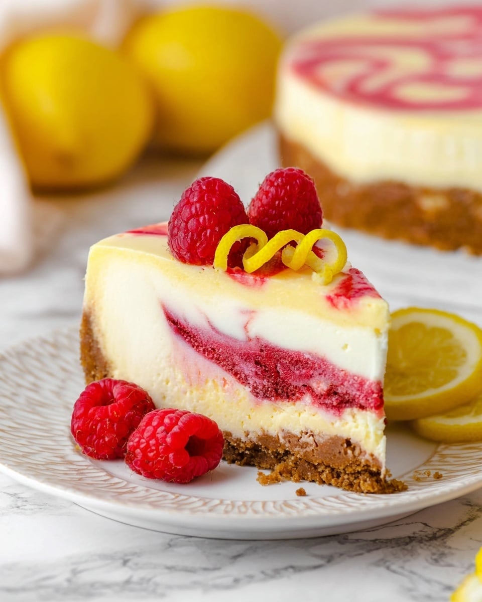 A round cheesecake with a thick, golden brown crumb crust on the bottom and sides, topped with a smooth cream-colored layer mixed with deep red swirls baked into the surface. Thin, semi-transparent lemon slices are carefully placed along one edge of the cake, each slice topped with a few small bright red raspberries and thin yellow lemon zest curls. The cake is on a white scalloped plate, placed on a mustard yellow cloth with white stitching, all set on a white marbled surface. In the background, there is a white bowl filled with raspberries and whole bright yellow lemons, one cut in half showing the fresh inside. Photo taken with an iphone --ar 4:5 --v 7