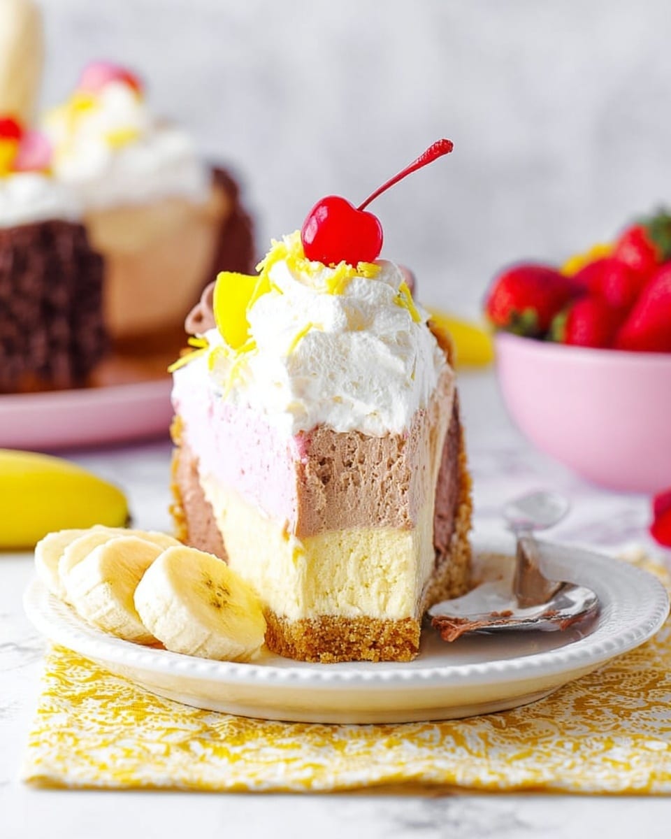 A slice of layered dessert sits on a white plate with a textured edge, placed on a yellow patterned cloth on a white marbled surface. The bottom layer is a light brown crust, followed by a thick, pale yellow cake layer. Above that, there is a pink creamy layer on the left side and a brown creamy layer on the right side. On top, white whipped cream covers the layers, decorated with small yellow fruit pieces and a bright red cherry with a long stem at the very top. To the left of the plate are three banana slices, and a silver spoon with some cream rests on the right side of the plate. In the soft background, a pink bowl filled with red strawberries and a blurred larger dessert with pink and chocolate decorations can be seen. Photo taken with an iphone --ar 4:5 --v 7