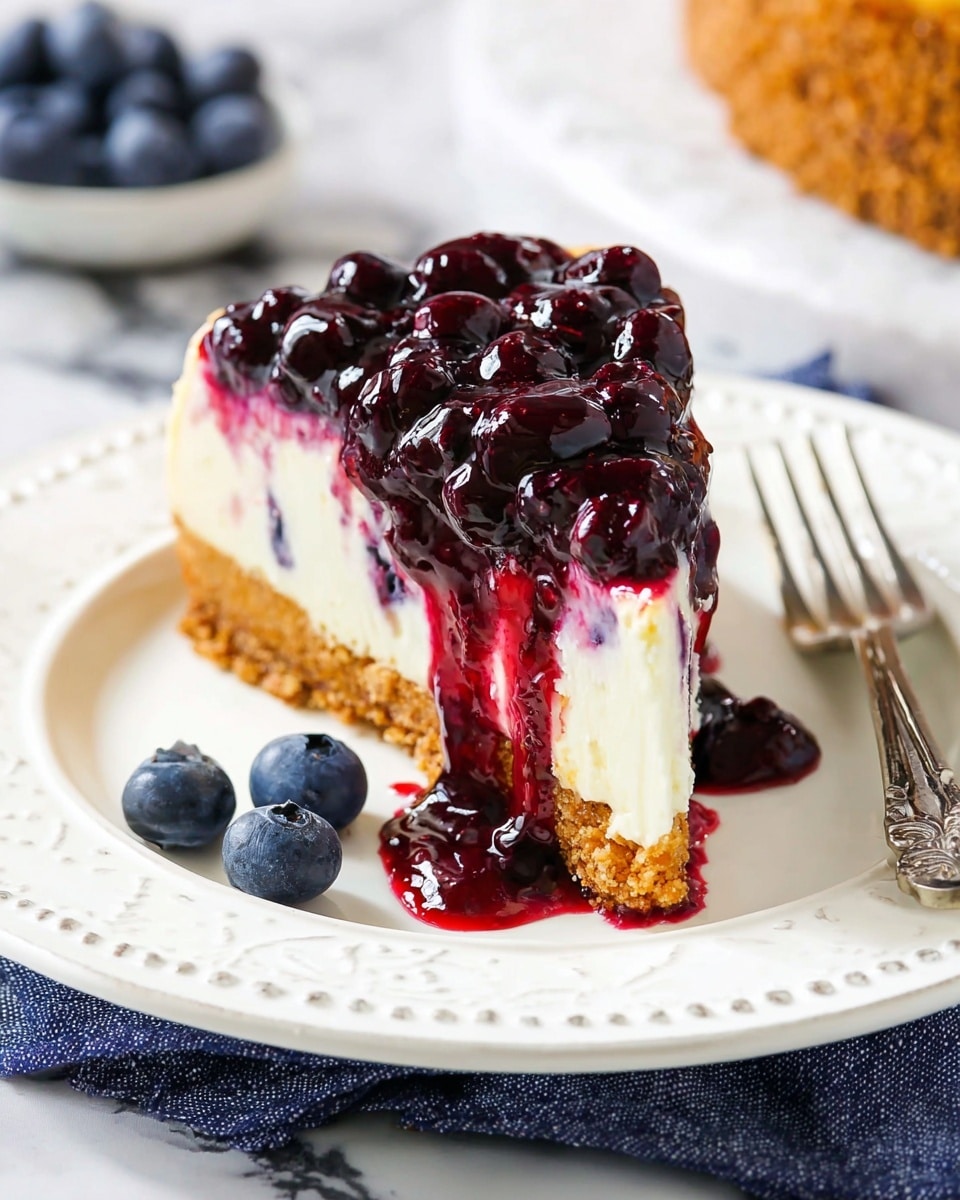 A round cheesecake with a thick, golden crumb crust forming the base and sides, topped with a shiny layer of dark purple blueberry glaze with whole blueberries embedded in it; some glaze drips down unevenly along the crust edges. Around the cheesecake on a white platter, a few fresh blueberries are scattered. The cake sits on a dark blue cloth, placed on a white marbled surface. In the background, a white bowl filled with blueberries and a glass jar of deep red-purple jam are slightly out of focus. Photo taken with an iphone --ar 4:5 --v 7