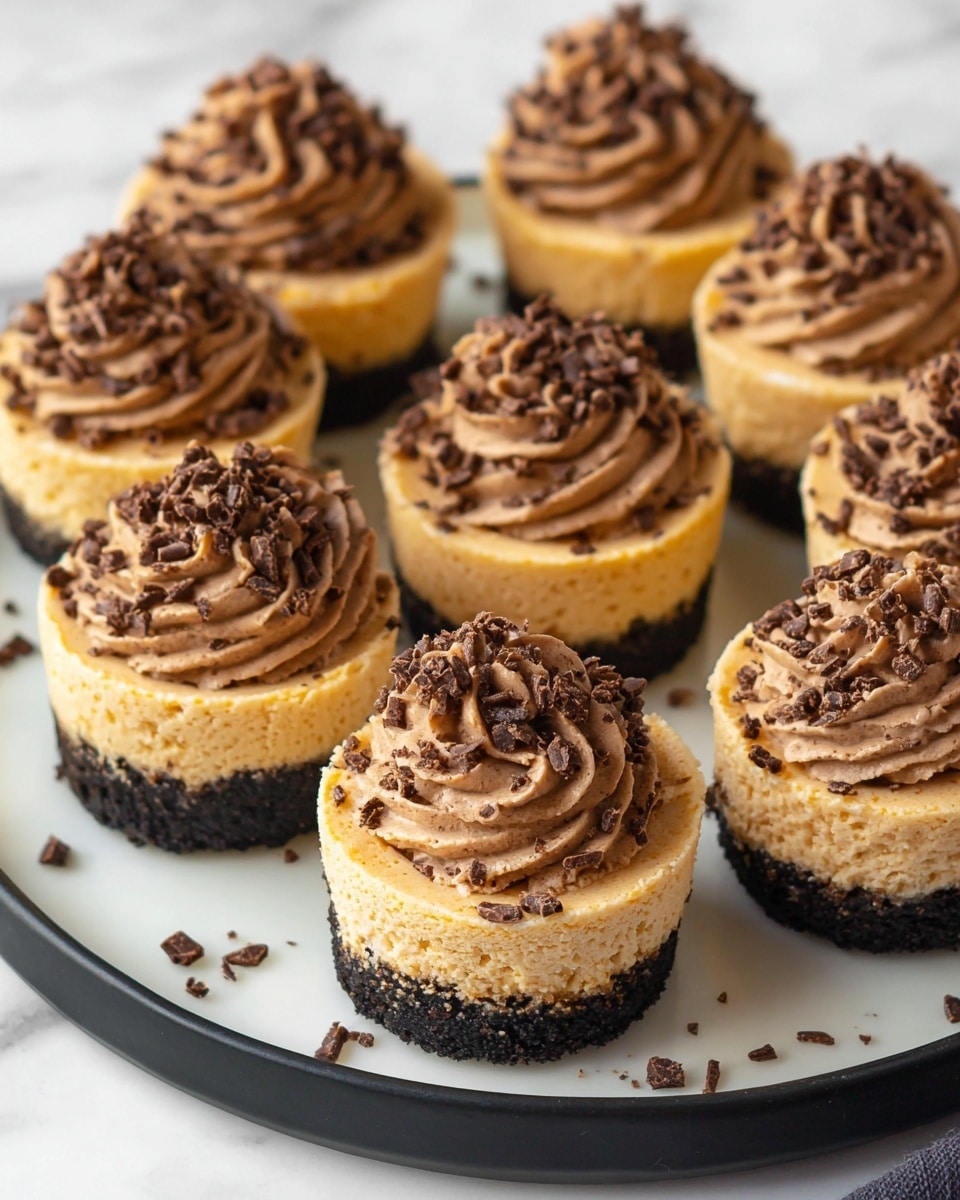 The image shows a small cheesecake on a dark plate with three clear layers: a bottom crumbly black crust, a thick creamy light beige cheesecake middle, and a generous swirl of light brown whipped topping with small cocoa bits sprinkled on top. To the left of the cheesecake, a silver spoon holds a bite-sized piece of the dessert showing all three layers, resting on the plate. In the background, blurred but visible, there is a glass cup filled with a light brown liquid and more cheesecakes with similar toppings on the white marbled surface. Photo taken with an iphone --ar 4:5 --v 7