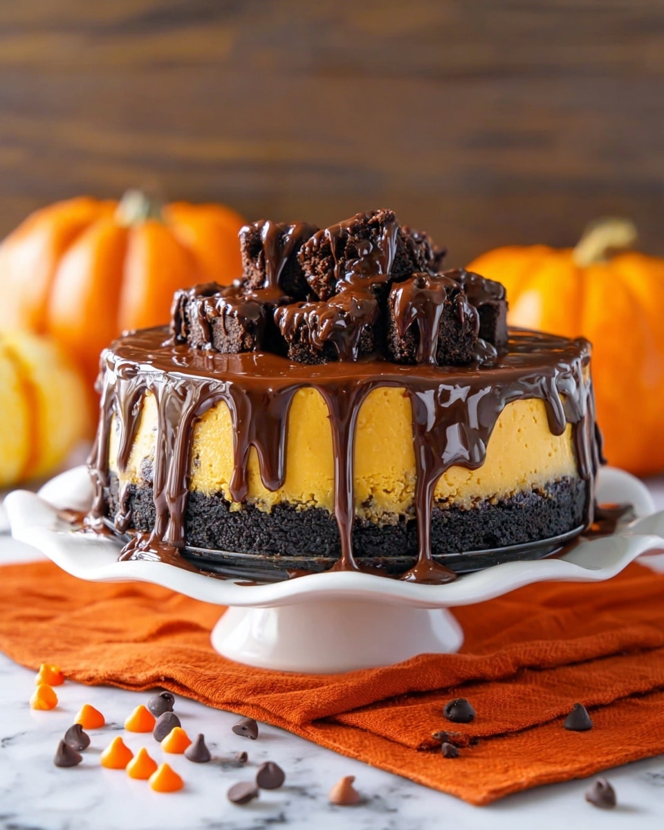 A dessert shows three clear layers on a white scalloped plate. The bottom layer is a dark crumbly crust, the middle layer is thick and orange-yellow with a smooth texture, and the top has many pieces of chocolate brownie covered in glossy, dripping chocolate sauce that flows down the sides. The plate sits on an orange cloth, with small chocolate chips and tiny pumpkin-shaped candies scattered around on a white marbled surface. Two small pumpkins are blurred in the background. photo taken with an iphone --ar 4:5 --v 7