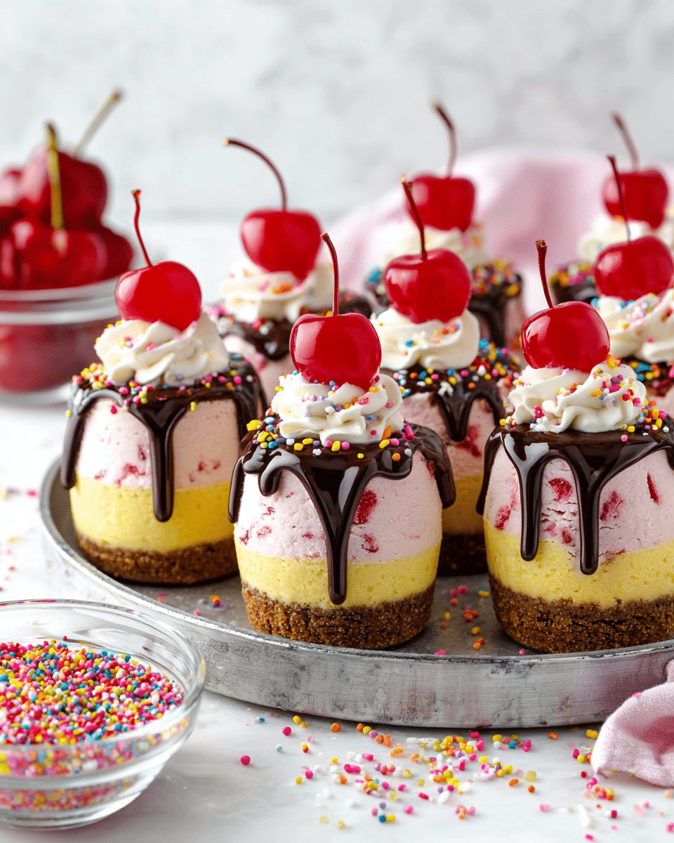The image shows a group of small cheesecake cupcakes arranged on a metal tray, each cupcake has three layers: a brown crumbly base, a thick light yellow cheesecake layer, and a pink creamy frosting layer with small red specks on top. Each cupcake is then topped with a dollop of white cream, all covered with glossy dark chocolate sauce that drips down the sides, sprinkled with colorful round sprinkles. A bright red cherry with a long stem sits on top of each cupcake, making the dessert look festive. The tray sits on a white marbled surface. photo taken with an iphone --ar 4:5 --v 7