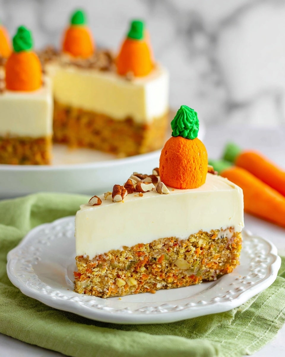A slice of cake with two layers sits on a white plate with a decorative edge, placed on a green cloth over a white marbled surface. The bottom layer is a textured, golden-brown carrot cake with visible bits of nuts and carrot. The top layer is a smooth, creamy white cheesecake. On top, there are two bright orange dollops shaped like small carrots with rough texture, each topped with green frosting to look like carrot leaves. Small chopped nuts are sprinkled around the orange carrot shapes on the cheesecake layer. In the background, the rest of the cake with more orange carrot shapes can be seen. Photo taken with an iphone --ar 4:5 --v 7