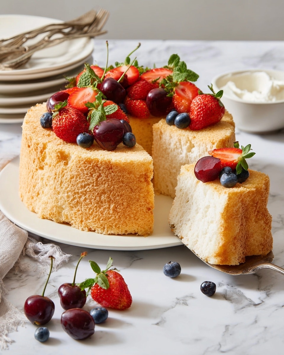 A soft, golden-brown chiffon cake sits on a white plate with a slice being lifted to show its light, fluffy white inside. The top of the cake is decorated with fresh, colorful berries: bright red strawberries with green leaves, dark red cherries with stems, and deep blue blueberries, some spilling onto the plate. The cake’s texture is slightly rough and airy on the outside. In the background, there are stacked white plates with old silver forks and a white whipped cream bowl, all placed on a white marbled surface. photo taken with an iphone --ar 4:5 --v 7