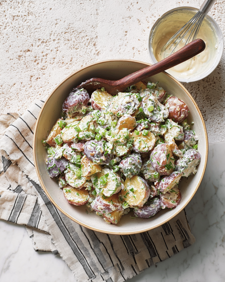 The dish is a colorful potato salad served in a white bowl, showing pieces of yellow, purple, and red potatoes cut into chunks and mixed with white creamy dressing. The potatoes are coated with green herbs like dill and small bits of celery, adding freshness and texture. Some celery leaves are placed on top as garnish, and the salad has visible specks of black pepper scattered throughout, giving a seasoned look. The surface beneath the bowl is a white marbled texture. A silver spoon is partially visible along the side of the bowl, ready to serve. photo taken with an iphone --ar 4:5 --v 7