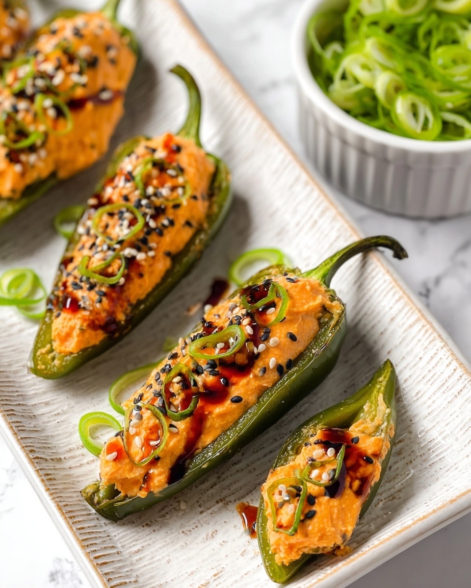The image shows three grilled green jalapeño halves filled with a bright orange creamy mixture, topped with small black and white sesame seeds, and fresh green curled scallions on each piece. The jalapeños are placed side by side on a white ceramic plate with a scalloped edge and a slightly textured surface. The filling has a glossy and smooth texture with some small green herbs visible inside. The background is a white marbled surface, with parts of other dishes visible but out of focus, creating a clean and fresh look. Photo taken with an iphone --ar 4:5 --v 7